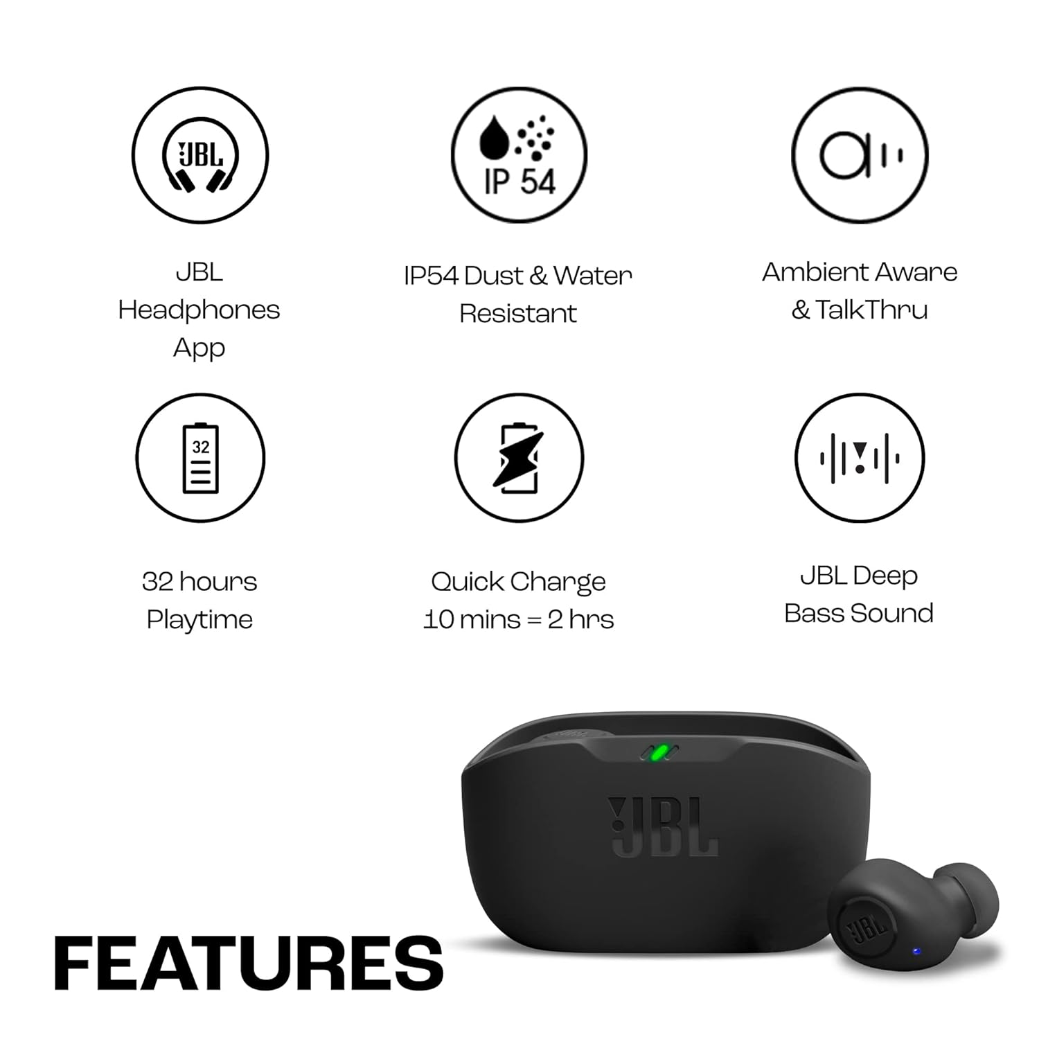 JBL Wave Buds in-Ear Wireless Earbuds (TWS),32 Hours Battery&Quick Charge,Ip54 Water&Dust Resistance,Ambient Aware&Talk-Thru, App for Customized Extra Bass Eq