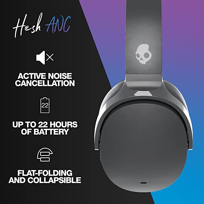Skullcandy Hesh ANC Over-Ear Active Noise Cancelling Wireless Headphones with 40mm drivers, 30Hr Playtime + Rapid Charge, Flat-Folding and Collapsible, Light weight, work with Android and iOS- Black